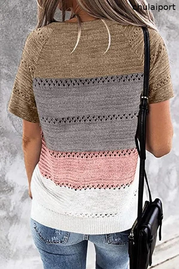 Loose Color Matching Hollow Large Size Knitted T-shirt