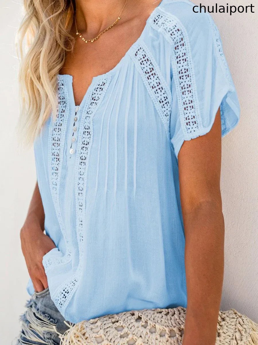 V-neck Short Sleeve Lace Hollow-out Blouse
