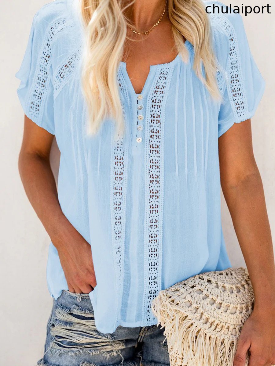 V-neck Short Sleeve Lace Hollow-out Blouse