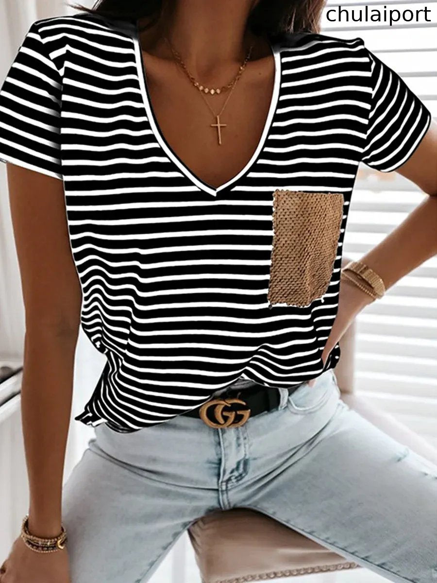 Striped Sequin Pocket V-neck Short-sleeved T-shirt