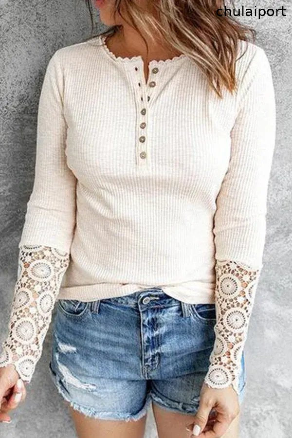Lace Stitching Sleeve Ribbed-Knit Top