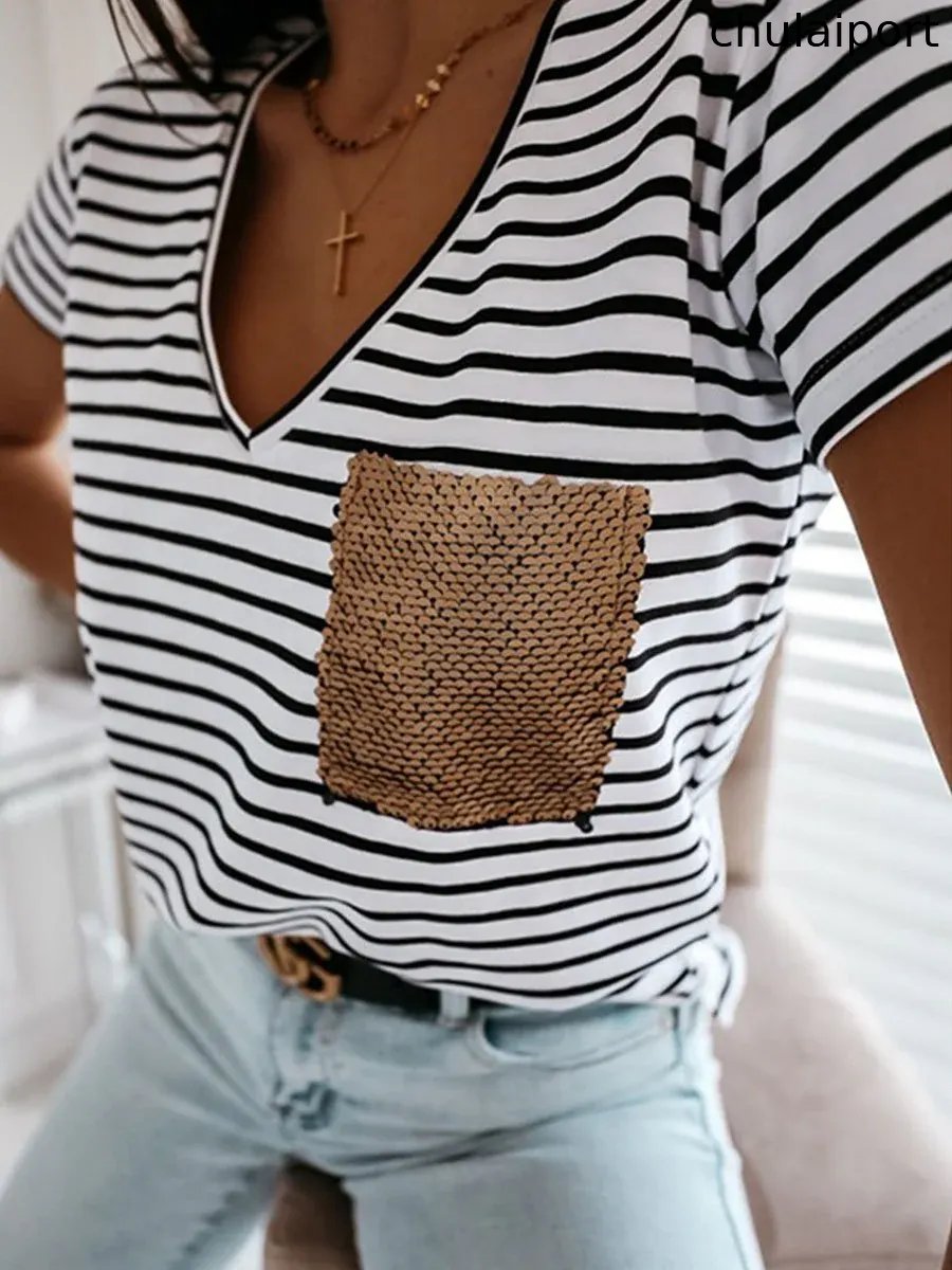 Striped Sequin Pocket V-neck Short-sleeved T-shirt