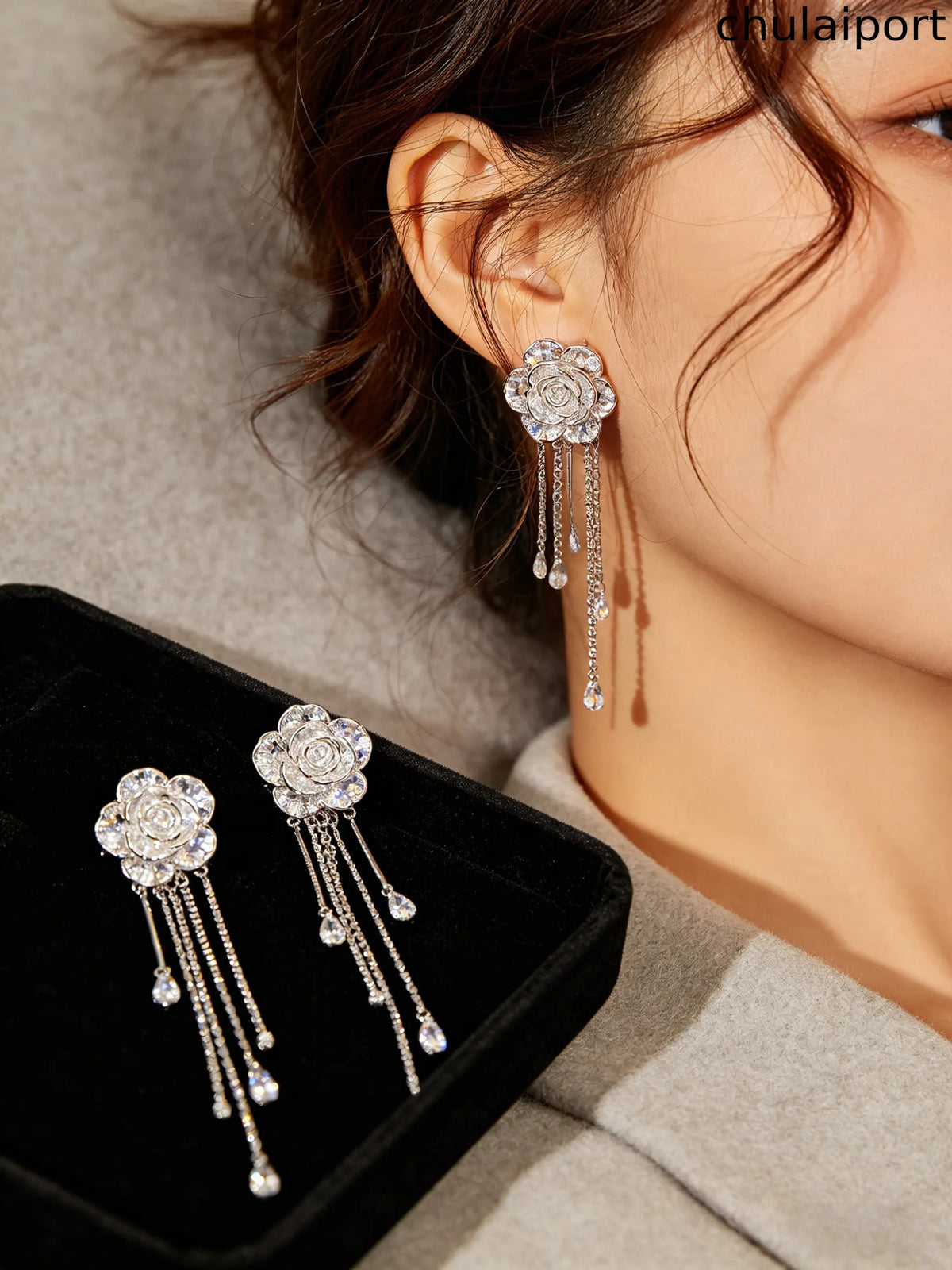 Crystal Rose Tassel Clip On Earrings