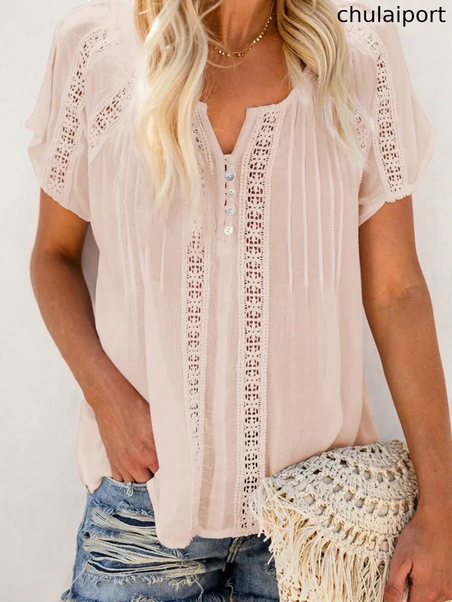 V-neck Short Sleeve Lace Hollow-out Blouse