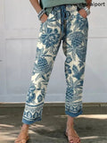 Batik Style Ethnic Floral Pattern Printed Women's Cotton And Linen Casual Pants