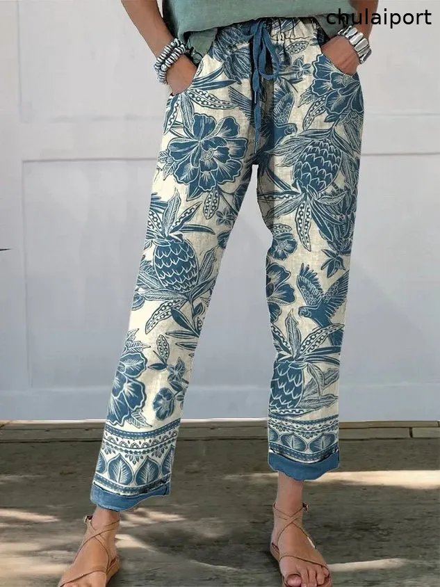 Batik Style Ethnic Floral Pattern Printed Women's Cotton And Linen Casual Pants