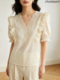 Lace V-neck Ruffled Short-sleeved Shirt