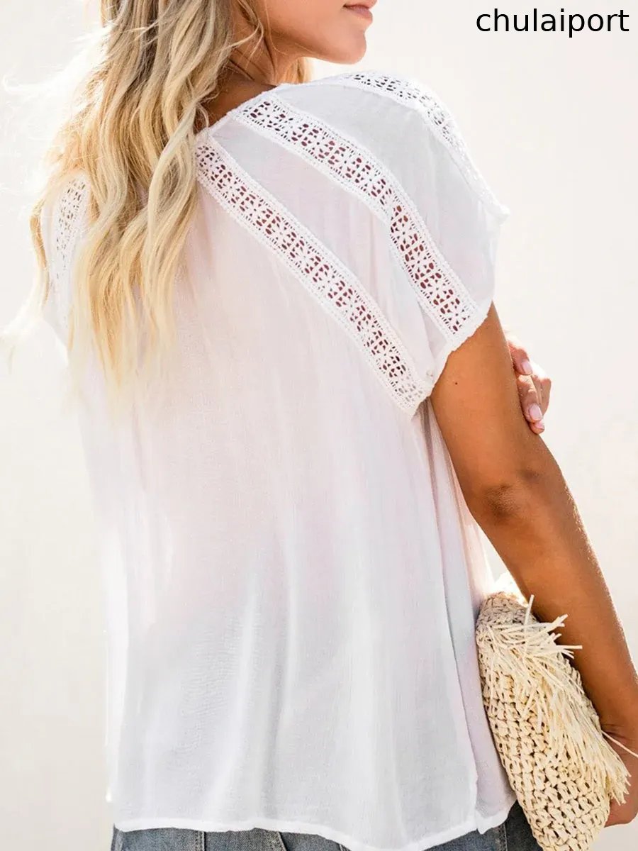 V-neck Short Sleeve Lace Hollow-out Blouse