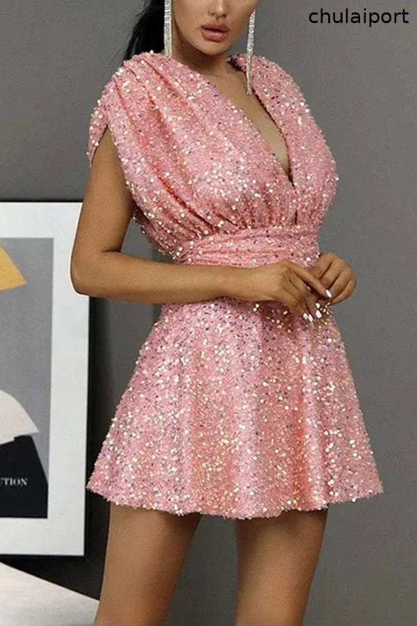 V-neck Sequined Belted Backless Skirt