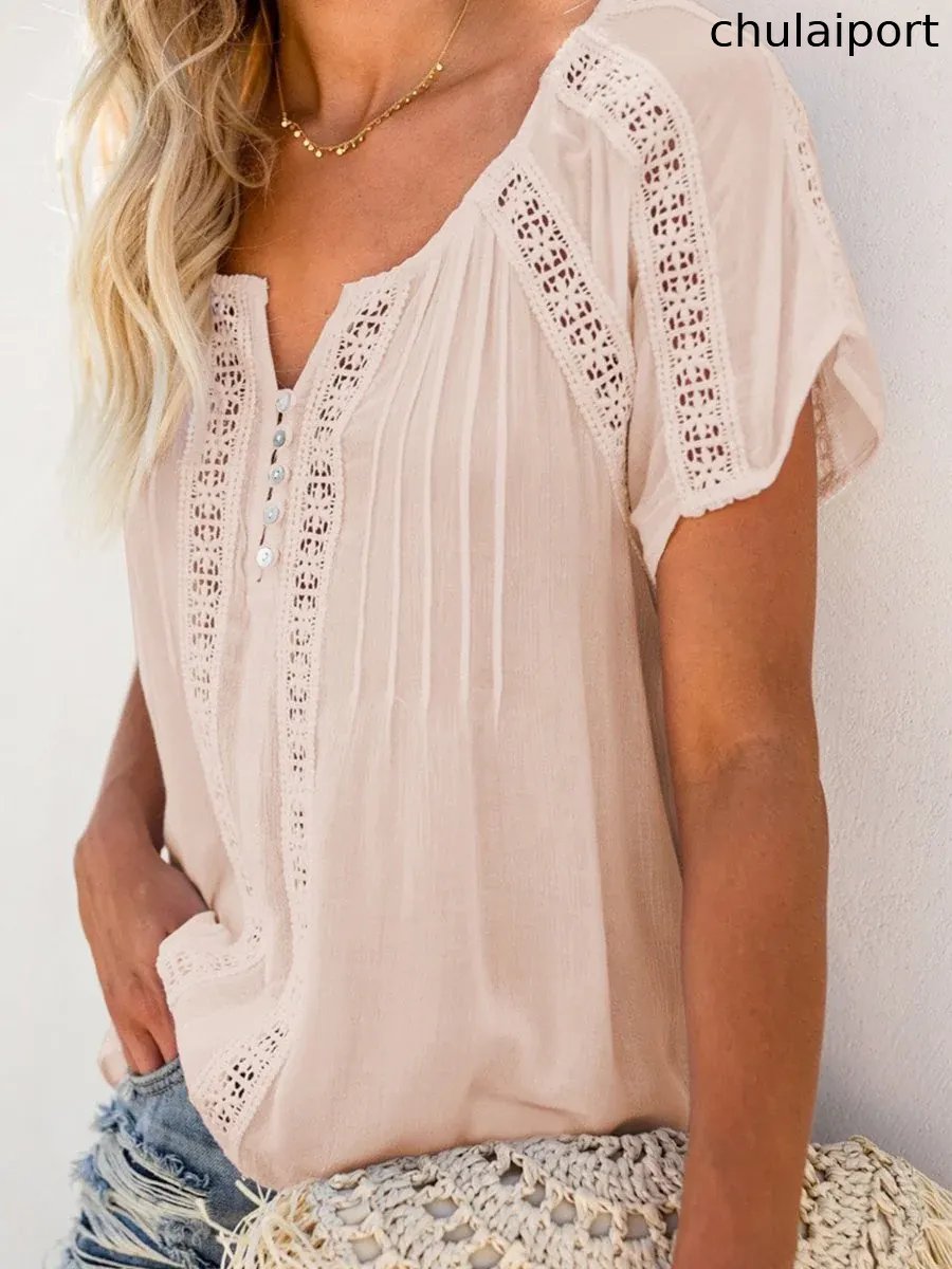 V-neck Short Sleeve Lace Hollow-out Blouse