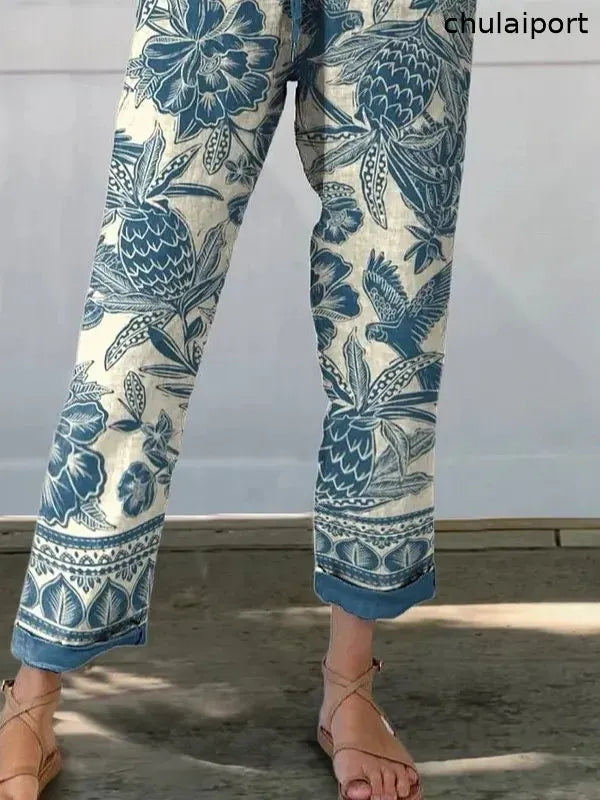 Batik Style Ethnic Floral Pattern Printed Women's Cotton And Linen Casual Pants