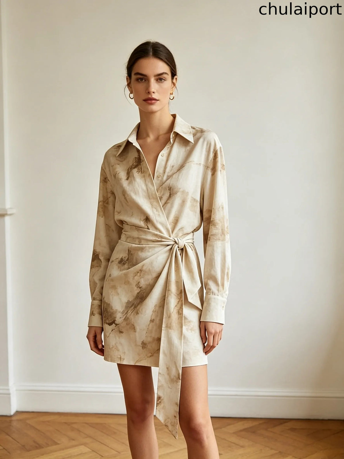 Abstract Wrap Tie Shirt Mini Dress