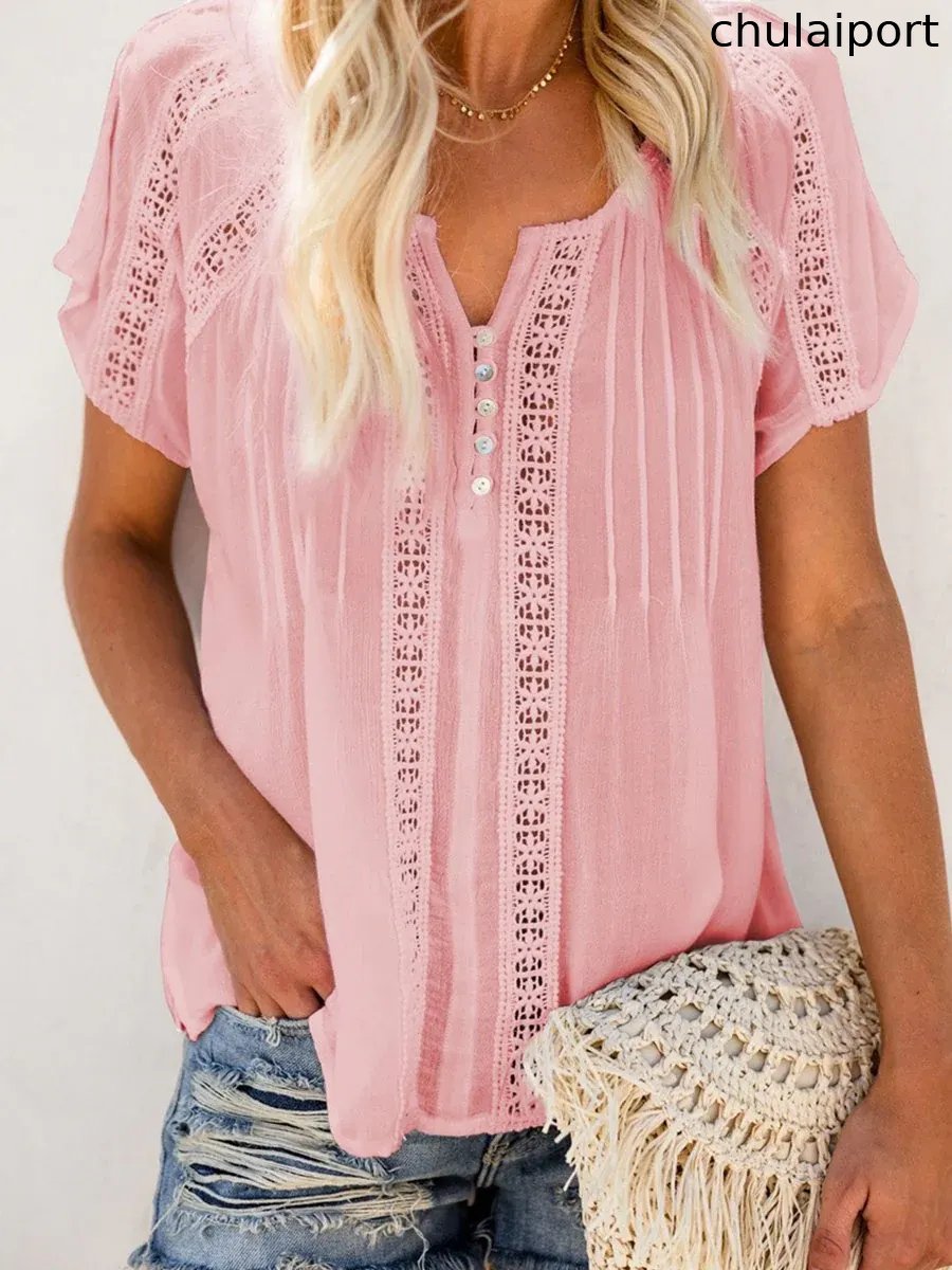 V-neck Short Sleeve Lace Hollow-out Blouse