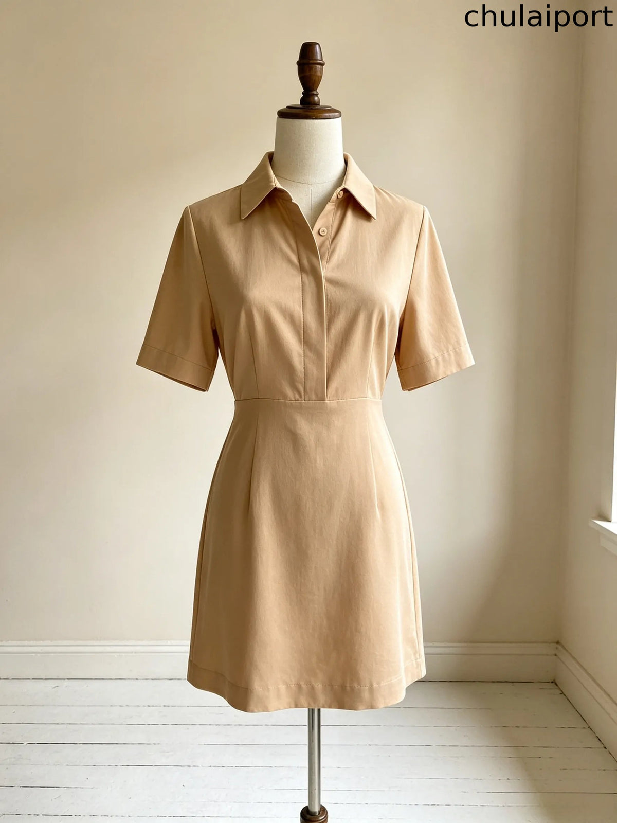 Short Sleeve Solid Color Shirt Collar Mini Dress