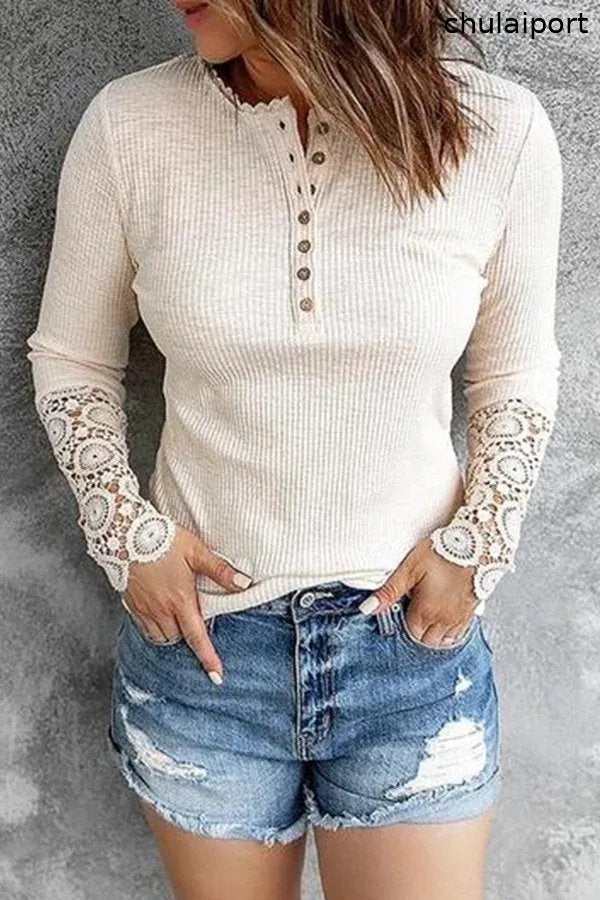 Lace Stitching Sleeve Ribbed-Knit Top