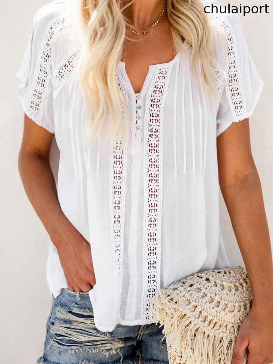 V-neck Short Sleeve Lace Hollow-out Blouse