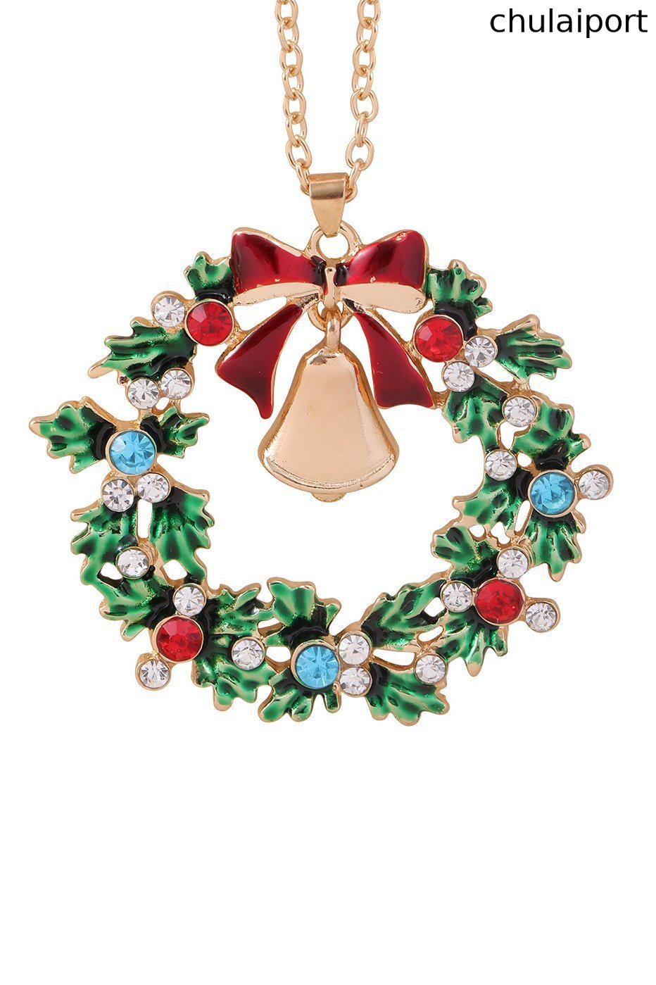 Christmas Wreath Bell Pendant Necklace