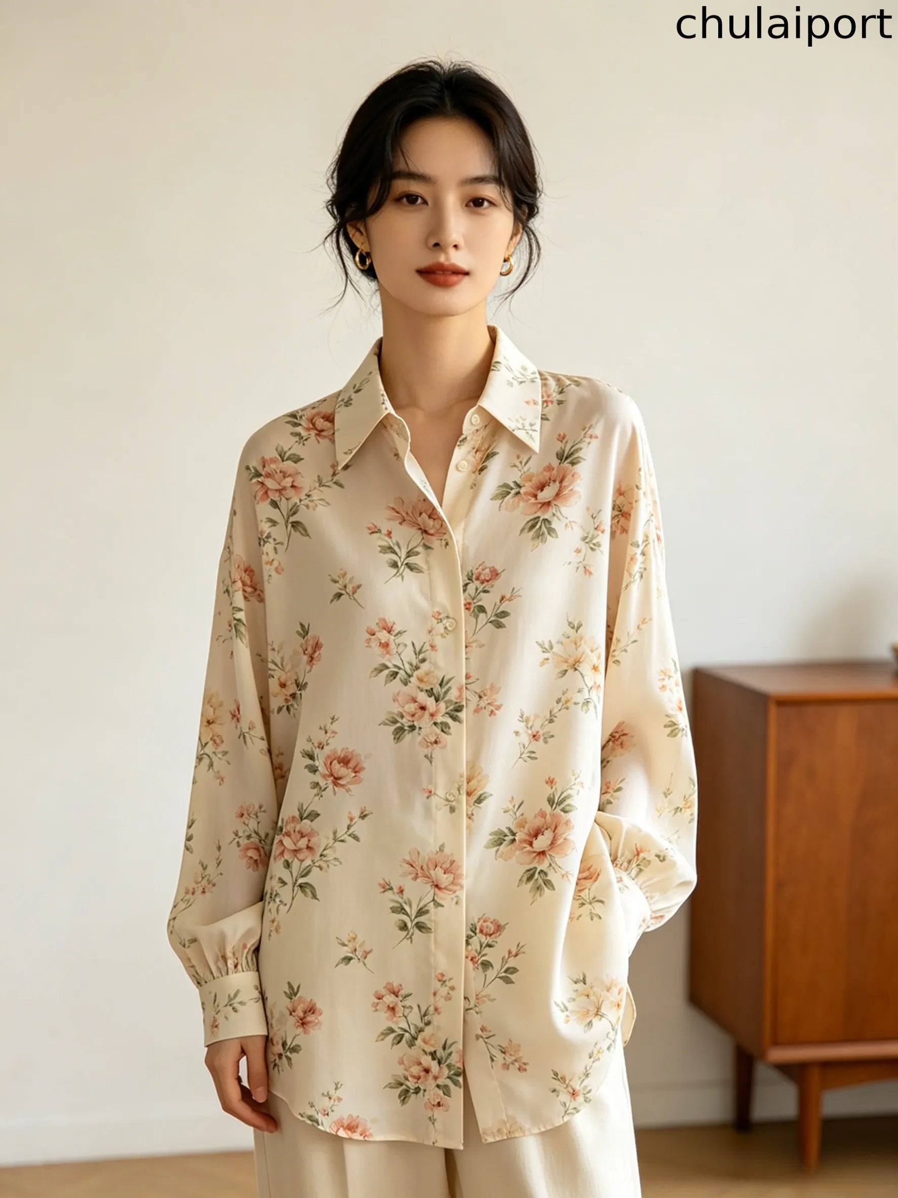 Smart Floral Painting Baggy Shirt