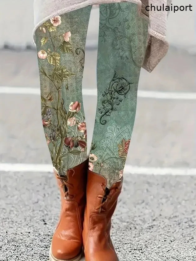 Women's High Waist Skinny Casual Retro Printed Leggings