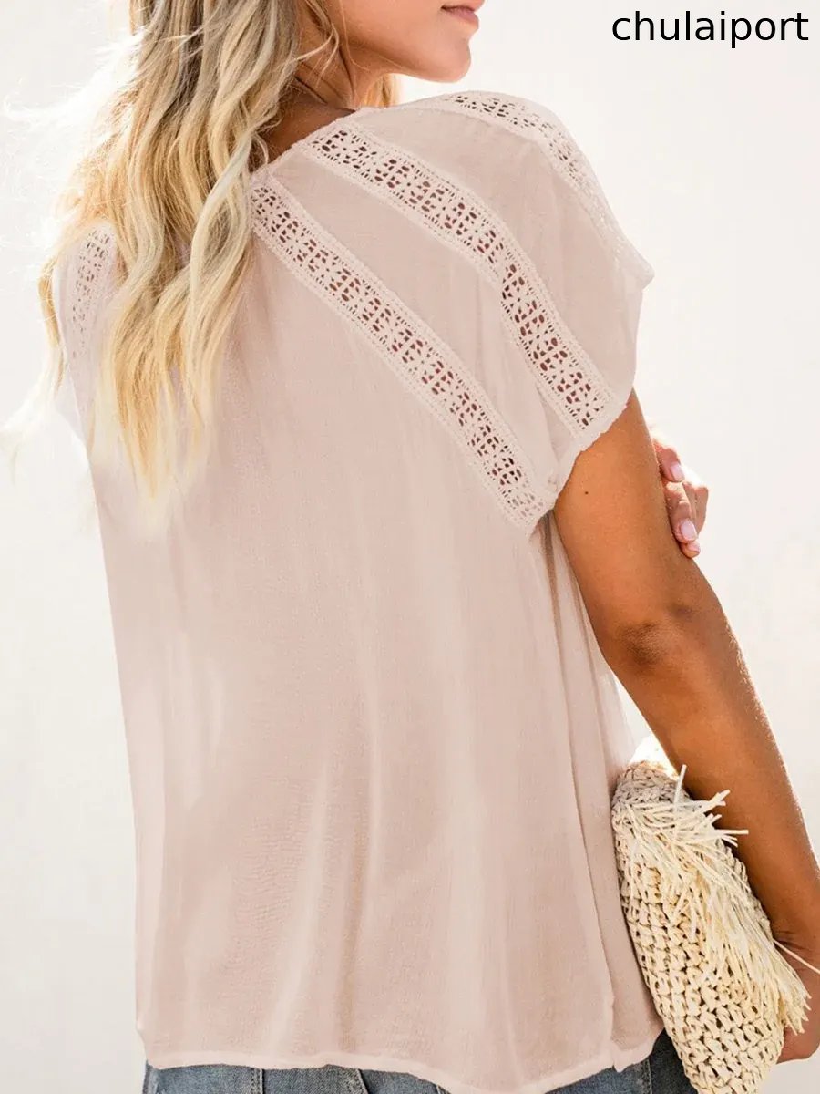 V-neck Short Sleeve Lace Hollow-out Blouse