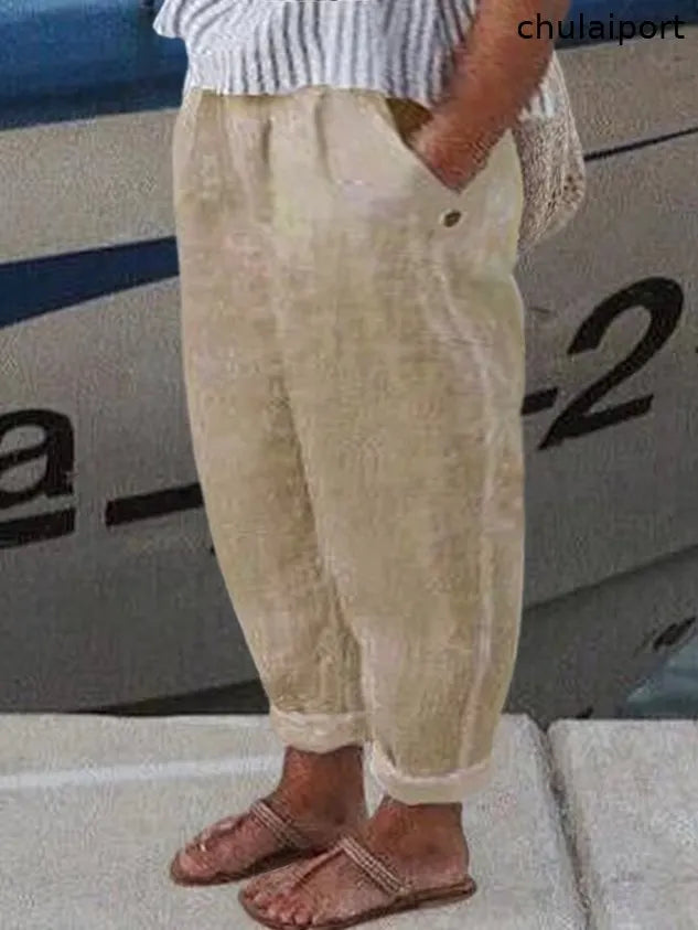 Plus Size Plain Casual Loose Cotton Pants