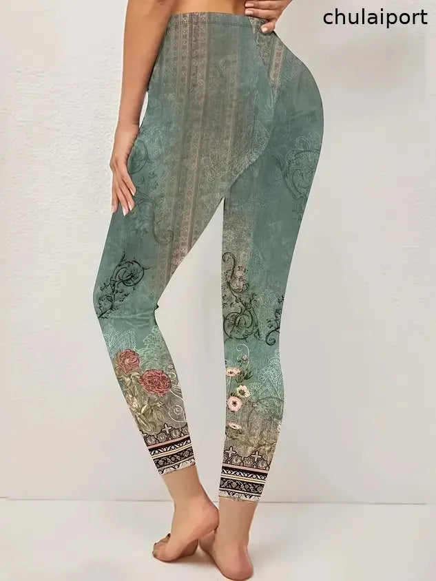 Women's High Waist Skinny Casual Retro Printed Leggings