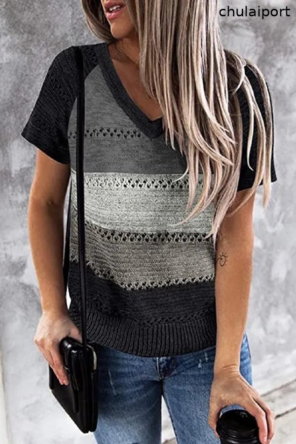 Loose Color Matching Hollow Large Size Knitted T-shirt