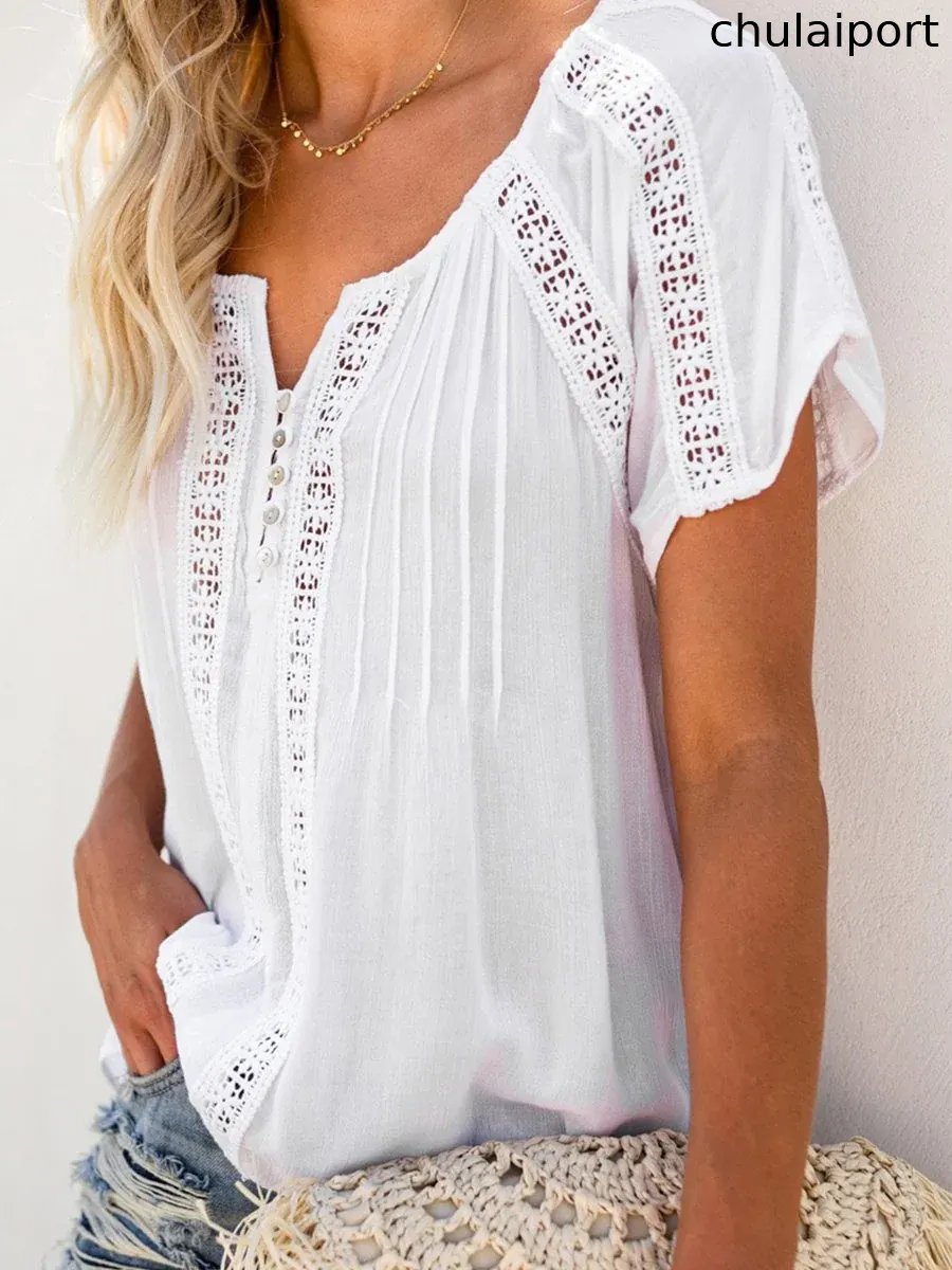 V-neck Short Sleeve Lace Hollow-out Blouse