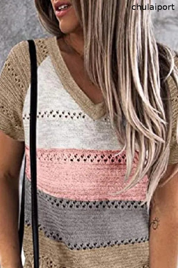 Loose Color Matching Hollow Large Size Knitted T-shirt