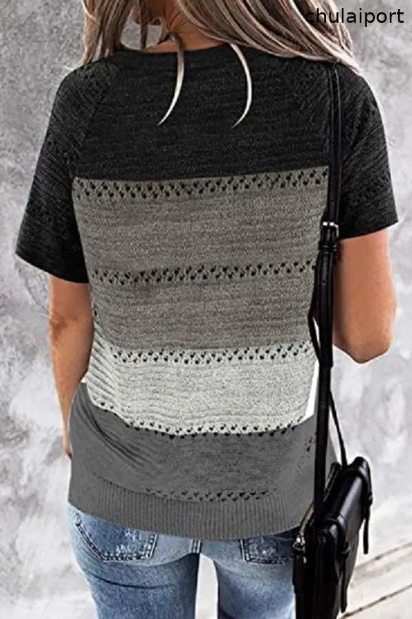 Loose Color Matching Hollow Large Size Knitted T-shirt